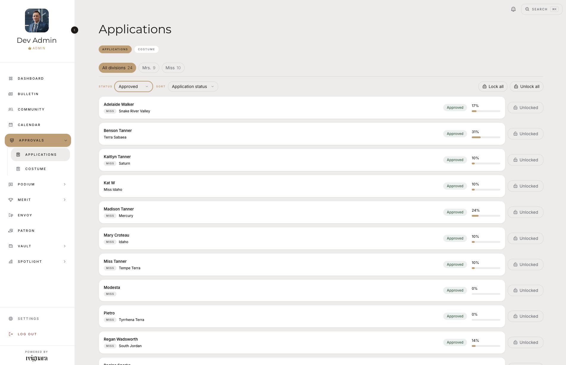 Reignara Director dashboard, showing the contestant roster and production schedule across several screens.