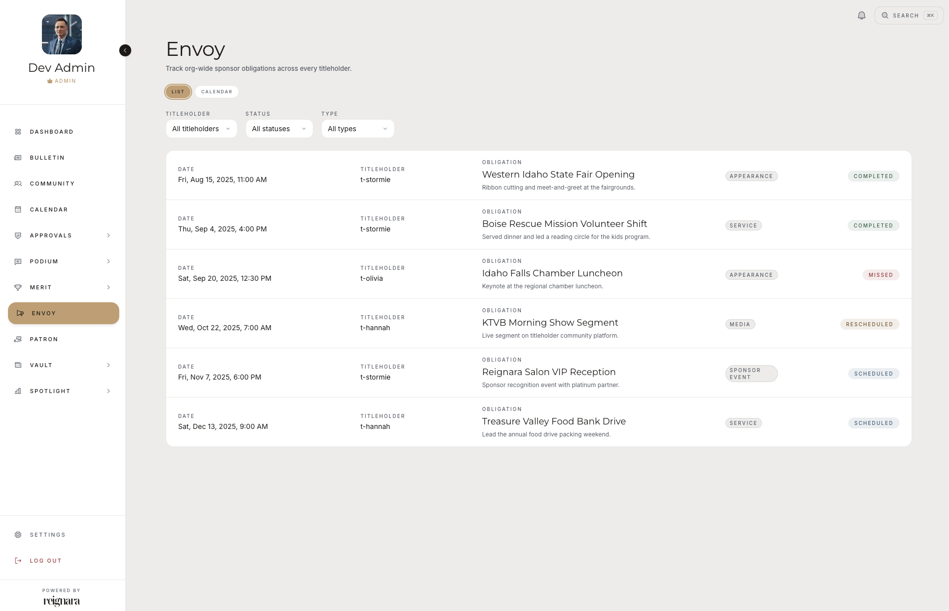 Reignara Envoy appearance calendar on a laptop, showing confirmed titleholder events for the month.