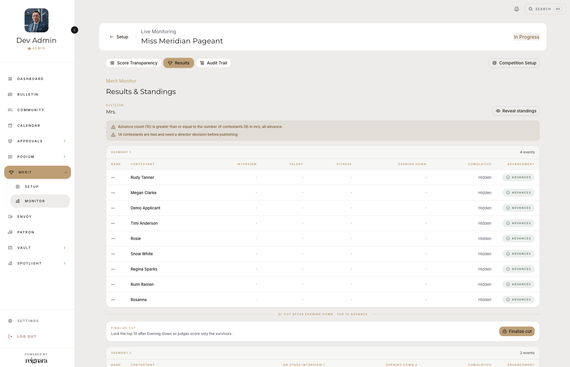 Reignara Merit judging interface, showing a scoring rubric and live tabulation across two screens.
