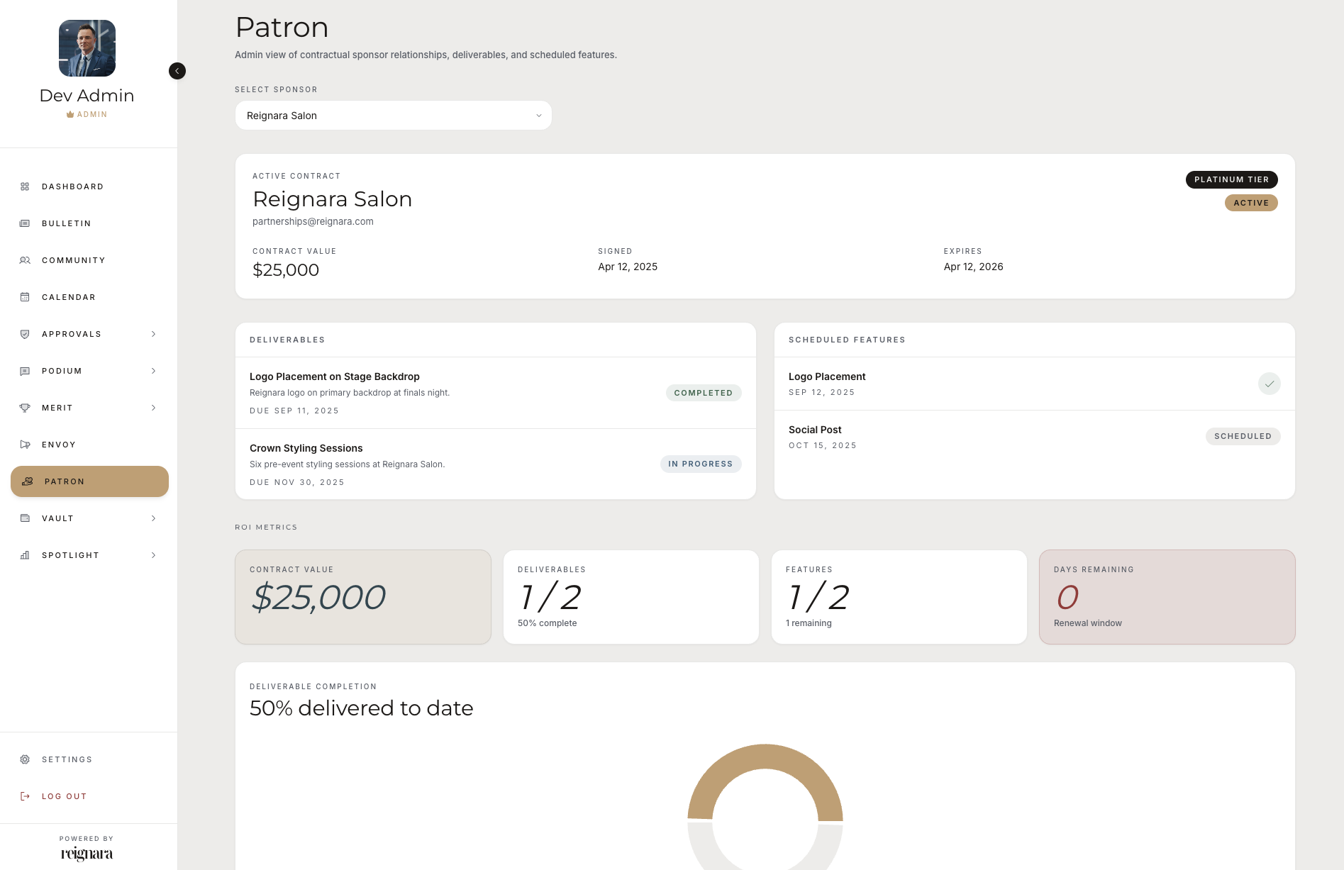 Reignara Patron sponsor CRM on a laptop, showing a partner relationship timeline and renewals.
