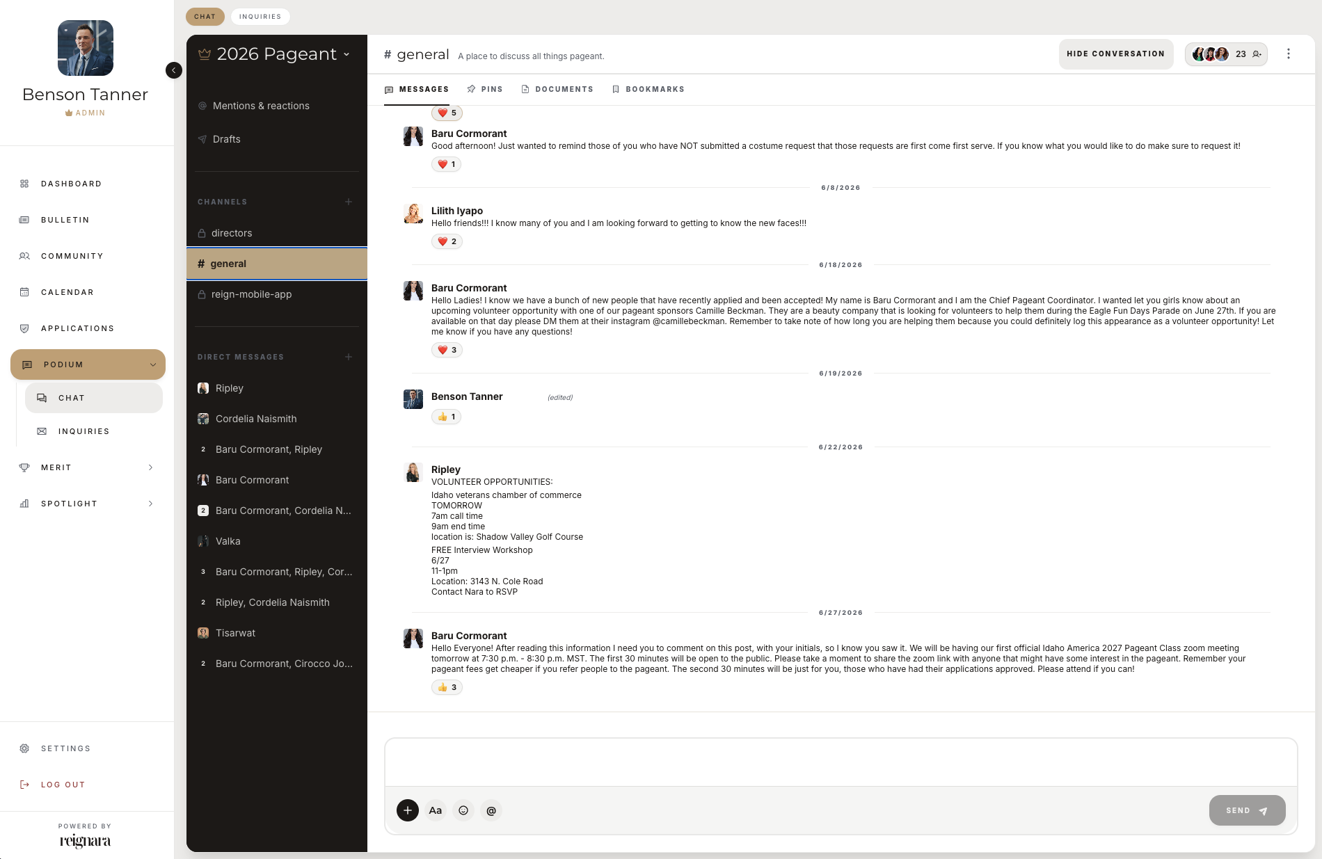 Reignara Podium messaging interface on a laptop, showing organized communication channels.