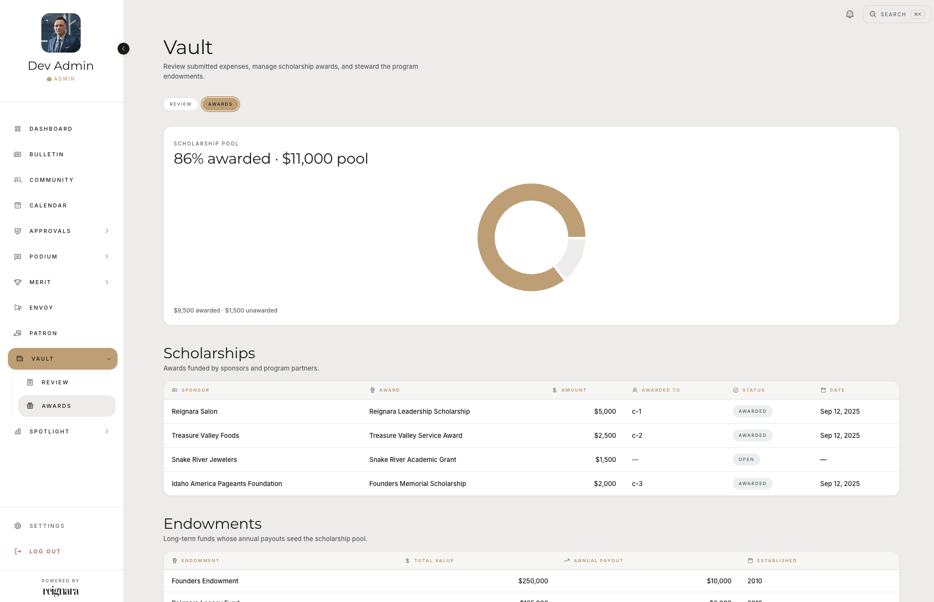 Reignara Vault financial ledger on a laptop, showing expense tracking and scholarship balances.